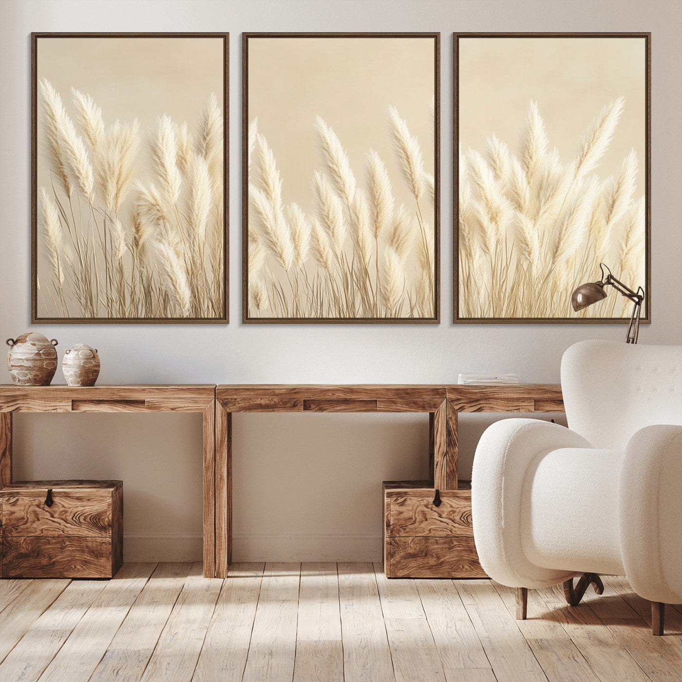 MGV-FC-60X30-3P - Grass Wall Art Print - Elegant Neutral Decor for Living Room, Boho Minimalist Artwork, Ready to Hang