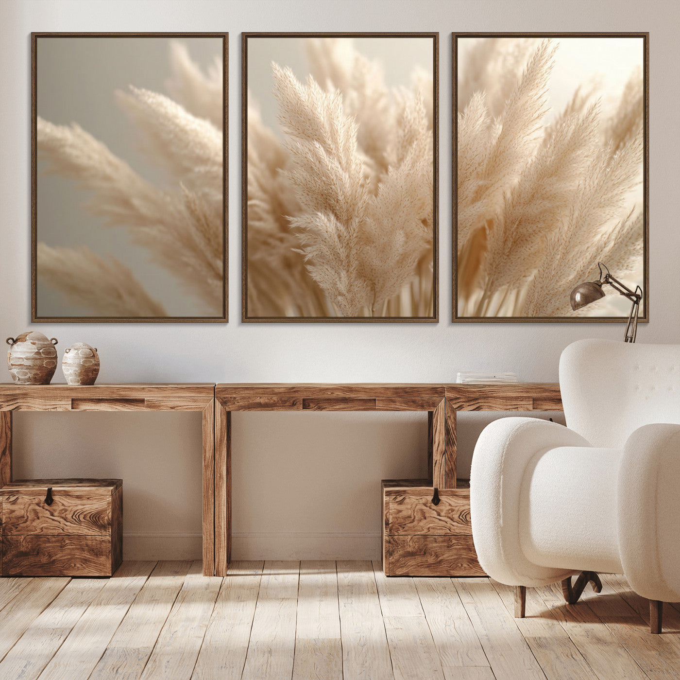 MGV-FC-60X30-3P - Pampas Grass Canvas Wall Art - Elegant Neutral Decor for Living Room, Boho Minimalist Artwork, Ready