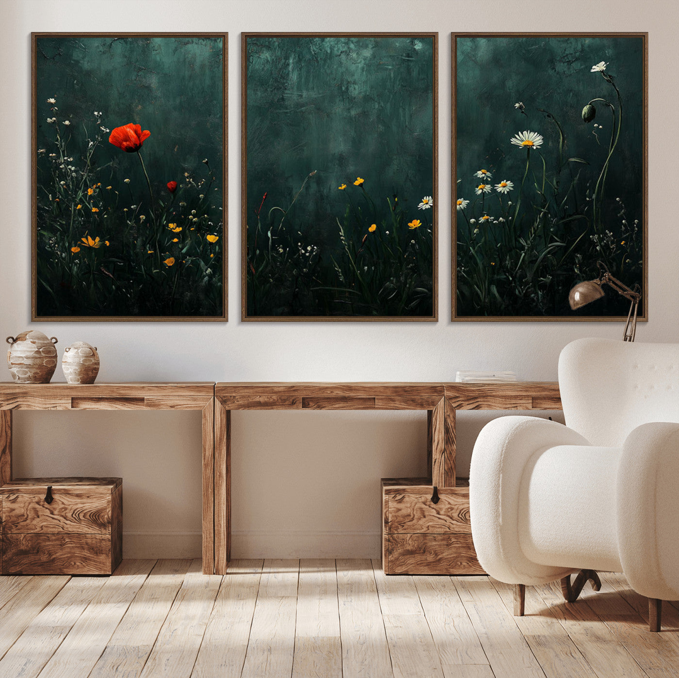 MGV-FC-60X30-3P - Wildflower Field Framed Wall Art, Vintage Botanical Landscape Sign, Botanical Wall Art, Modern