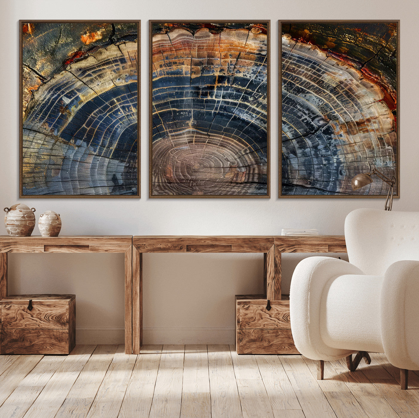 MGV-FC-60X30-3P - Framed Tree Ring Wall Art - Abstract Colorful Tree Ring Wall Decor, Minimalist Home Canvas Art,