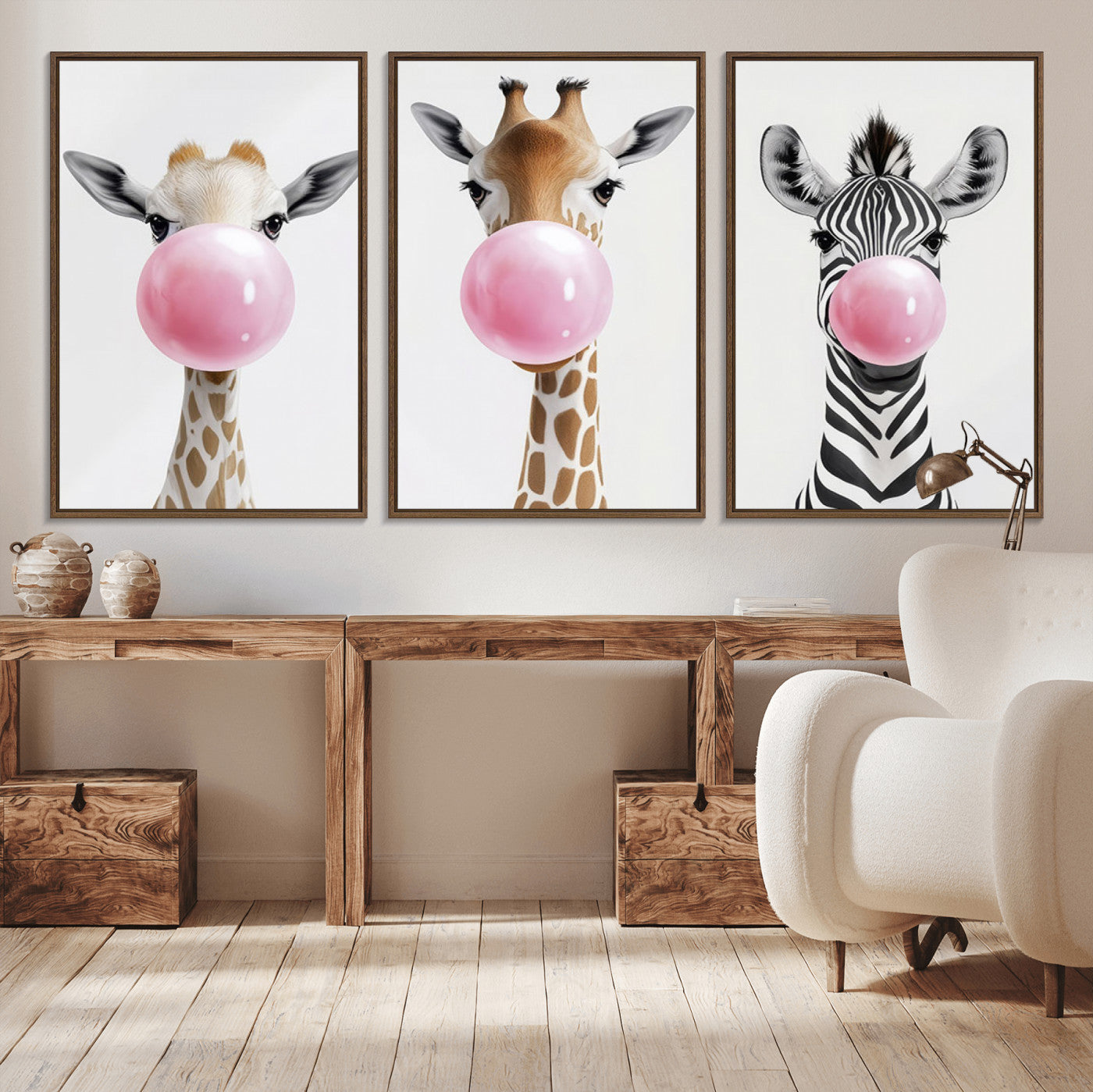 71987-MGV-CV-36X24-Bubblegum Animals Canvas Wall Art - Playful Giraffe and Zebra Trio, Fun Nursery Decor for Kids'