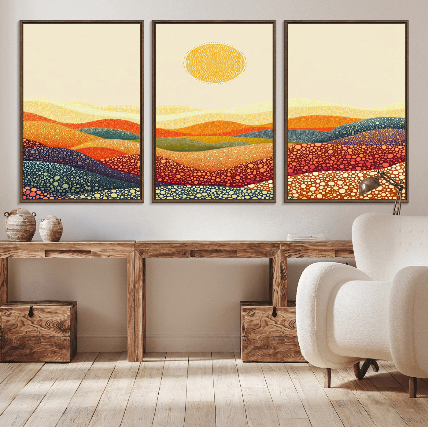 MGV-FC-60X30-3P - YAYOI KUSAMA Colorful Dot Art Landscape Canvas - Framed Abstract Pointillism Inspired by Nature with
