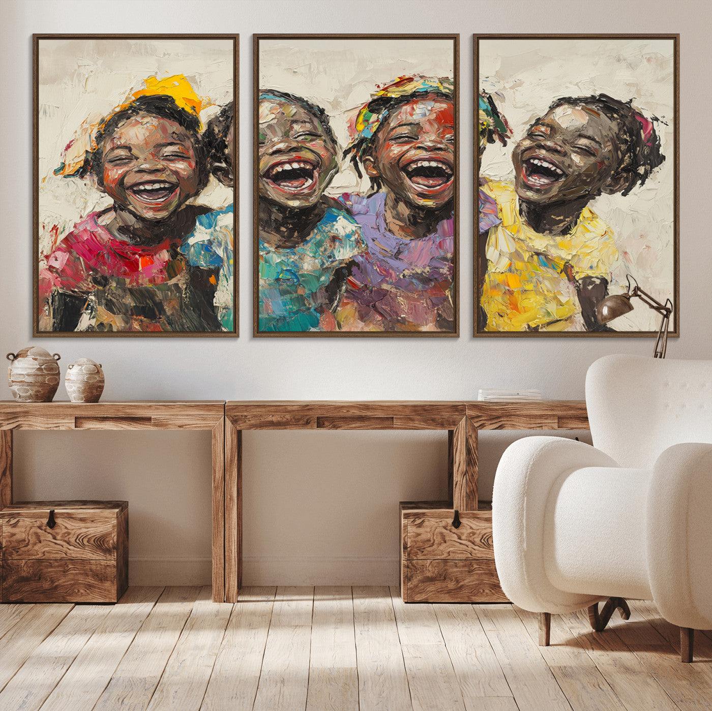MGV-FC-60X30-3P - Shai Yossef style Joyful Childhood Canvas Wall Art - Expressive Impasto Painting of Black Children