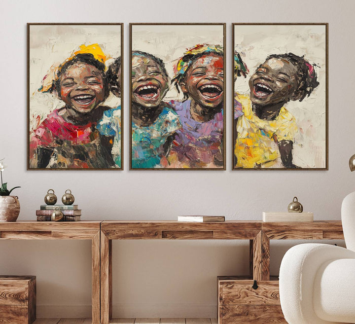 The Joyful Childhood Canvas Art by Shai Yossef, depicting kids laughing, is featured in the living room.