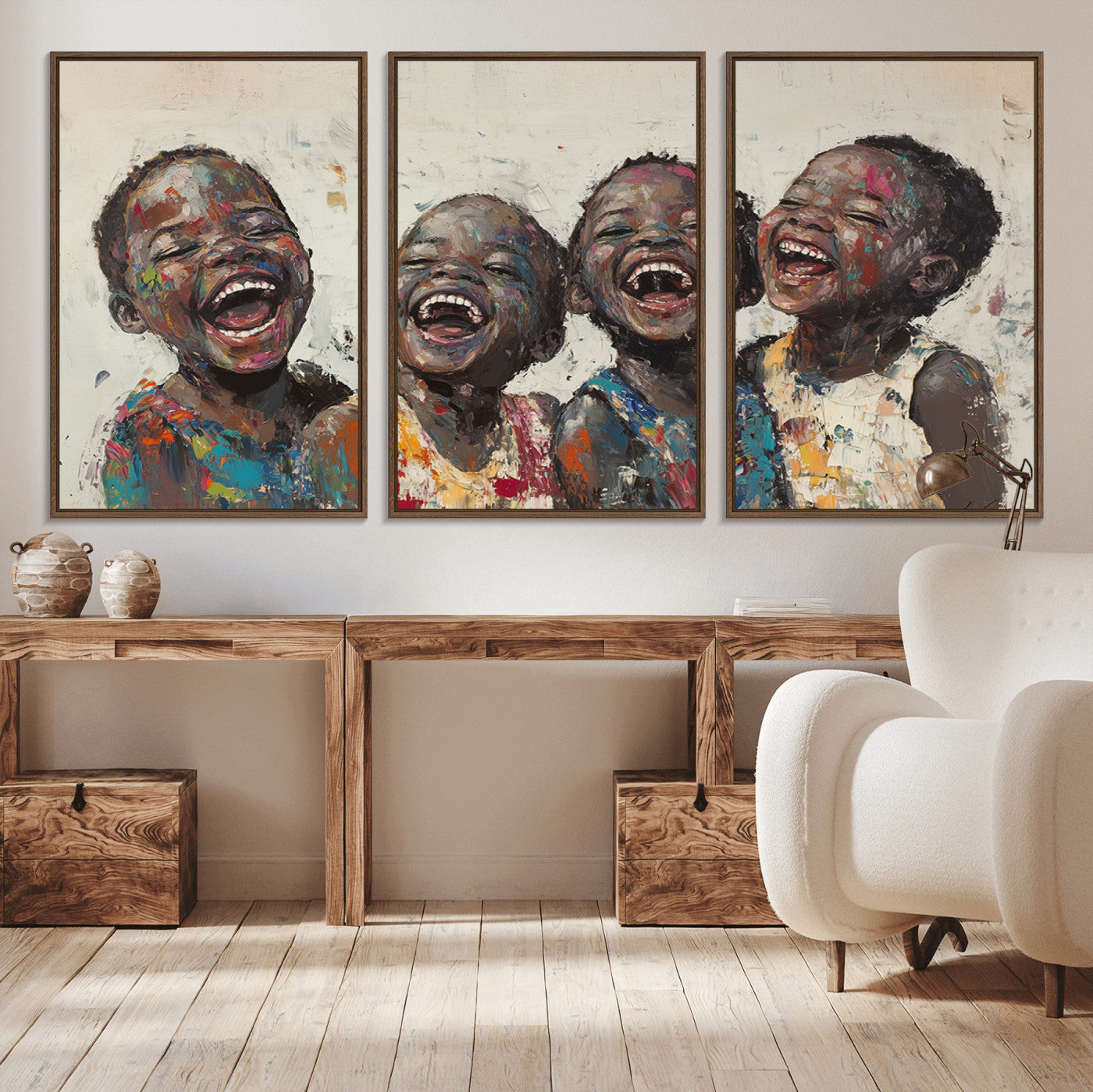 85256-MGV-CV-36X24-Shai Yossef Print - Joyful Childhood Canvas Wall Art - Expressive Impasto Painting of Laughing