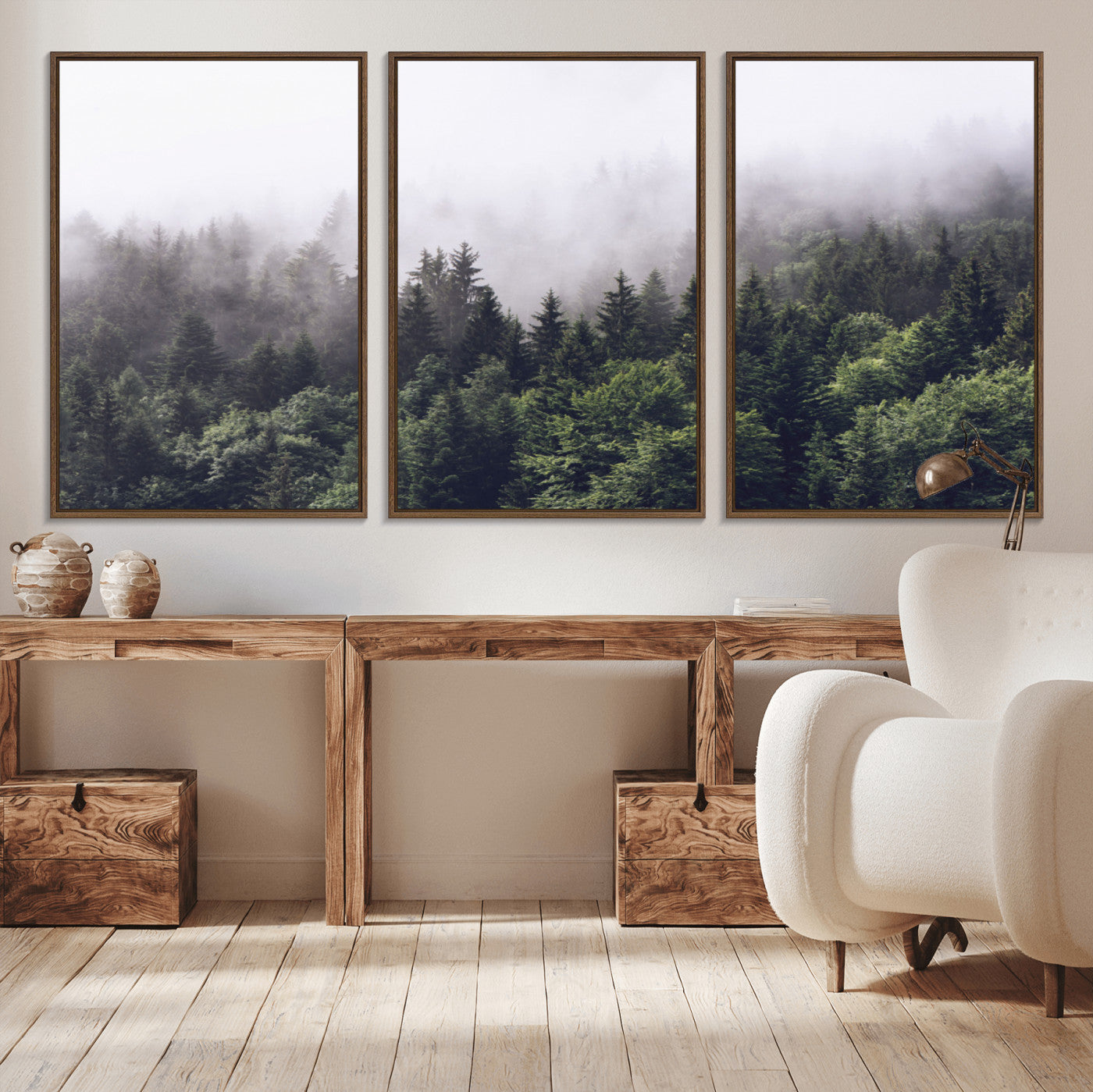 -Misty Forest Canvas Wall Art – Serene Triptych Nature Print – Woodland Landscape Decor for Living