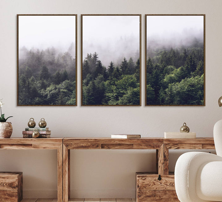 A serene triptych nature print featuring a misty forest, perfect as wall art.