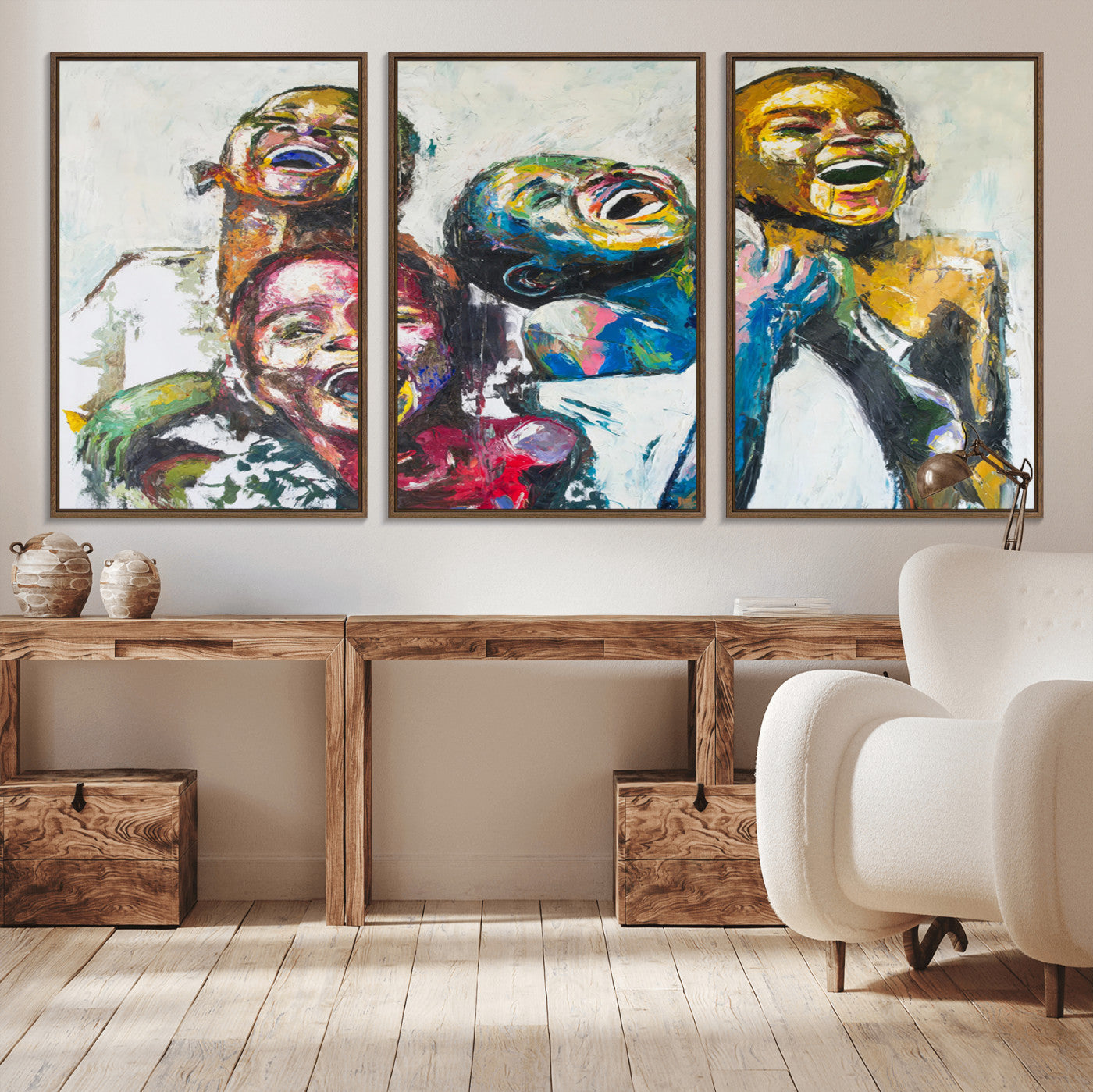 MGV-FC-60X30-3P - Shai Yossef Style Canvas Art - Joyful African Black Kids Impasto Painting with Vibrant Brushstrokes,