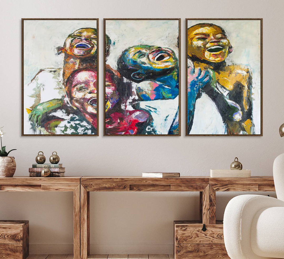 A vibrant Shai Yossef canvas art of joyful kids hangs prominently.