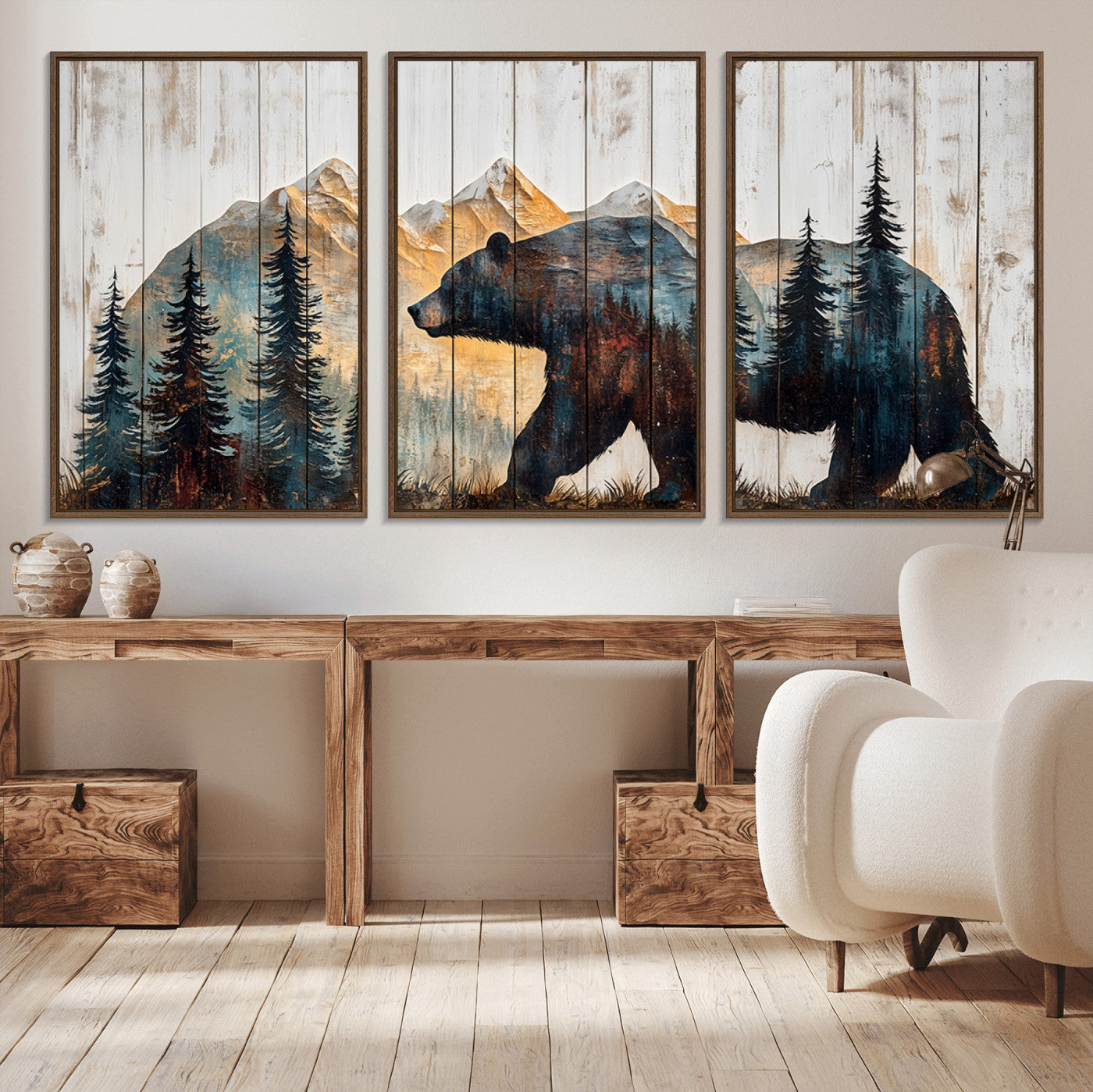 MGV-FC-60X30-3P - Rustic Bear Wall Art - Grizzly 399 Bear Wall Art - Mountain Wood Canvas Wall Art - Nature Theme