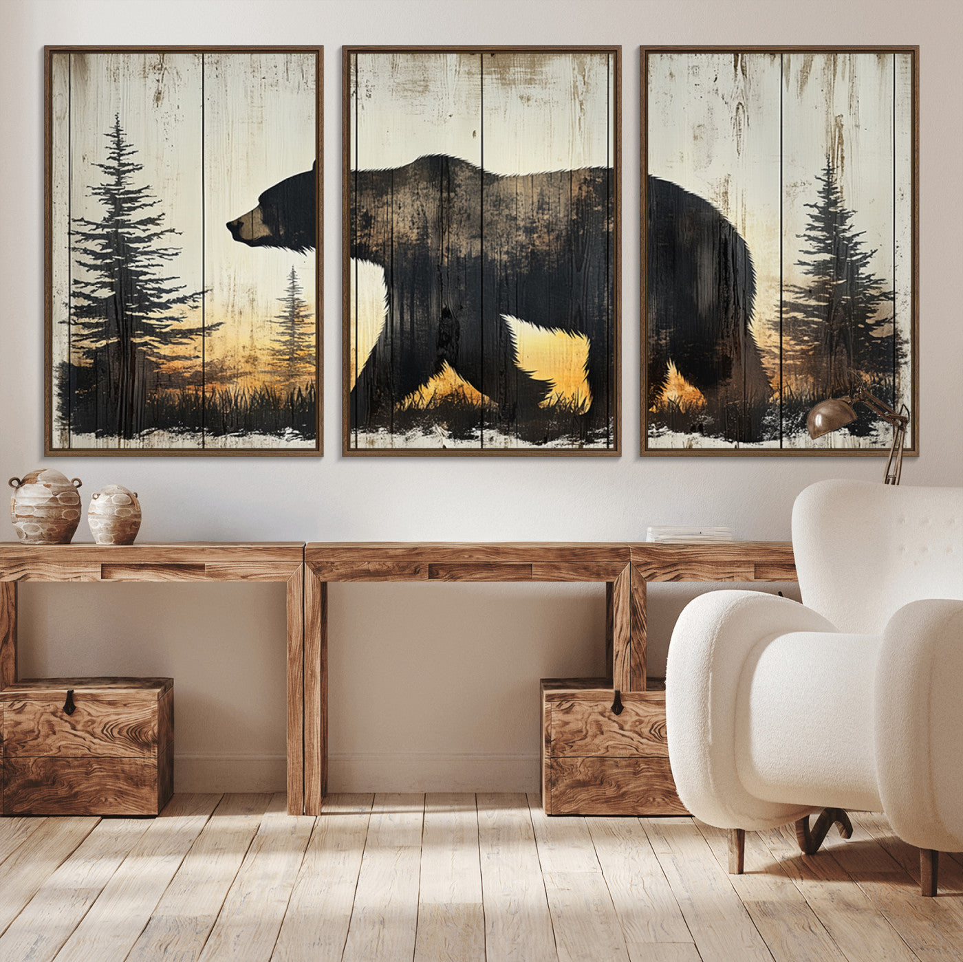 MGV-FC-60X30-3P - Vintage Bear Wall Art Canvas Print for Farmhouse - Mountain Wood Canvas Wall Art - Forest Silhouette