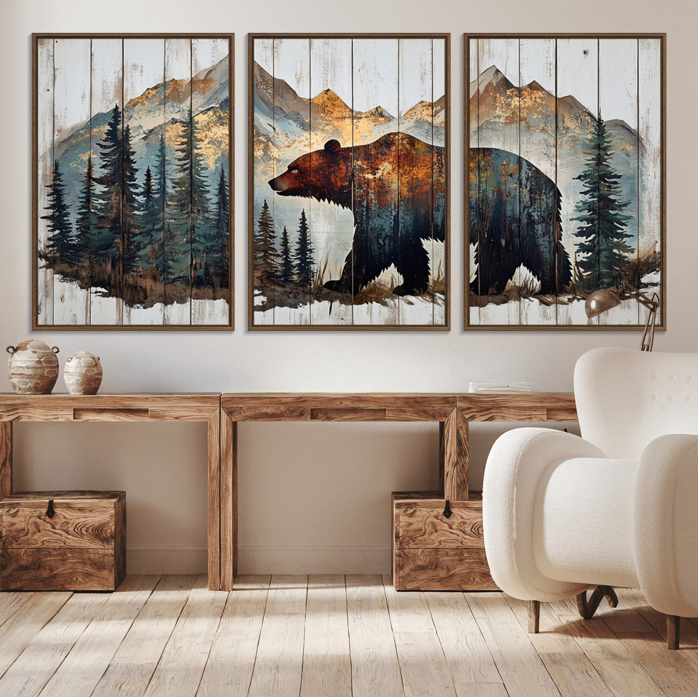 55777-MGV-CV-36X24-Rustic Grizzly 399 Bear and Mountain Wood Canvas Wall Art - Framed Nature Artwork with Forest