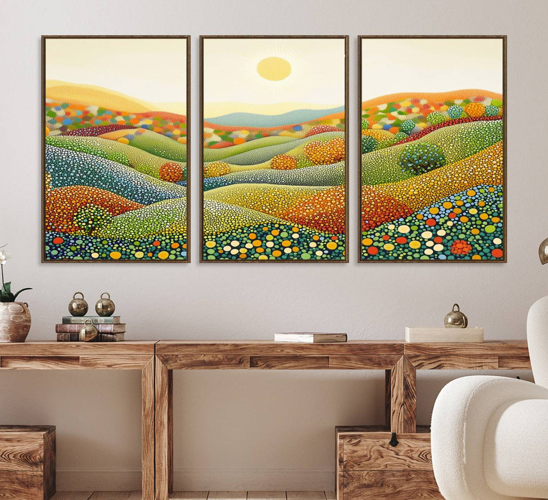 The YAYOI KUSAMA Colorful Dot Art Landscape Canvas depicts vibrant rolling hills and a sun.