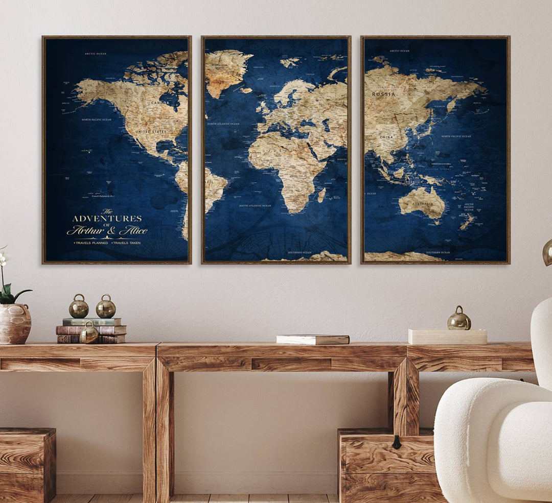 A Personalized Custom World Map Canvas Print on blue hangs prominently.