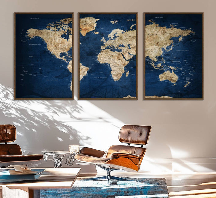 A personalized world map canvas print hangs above.