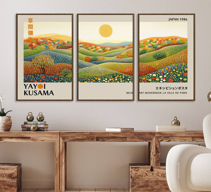 The Yayoi Kusama Wabi Sabi Japanese Wall Art Print features a vibrant landscape with dots, sun, and mountains.