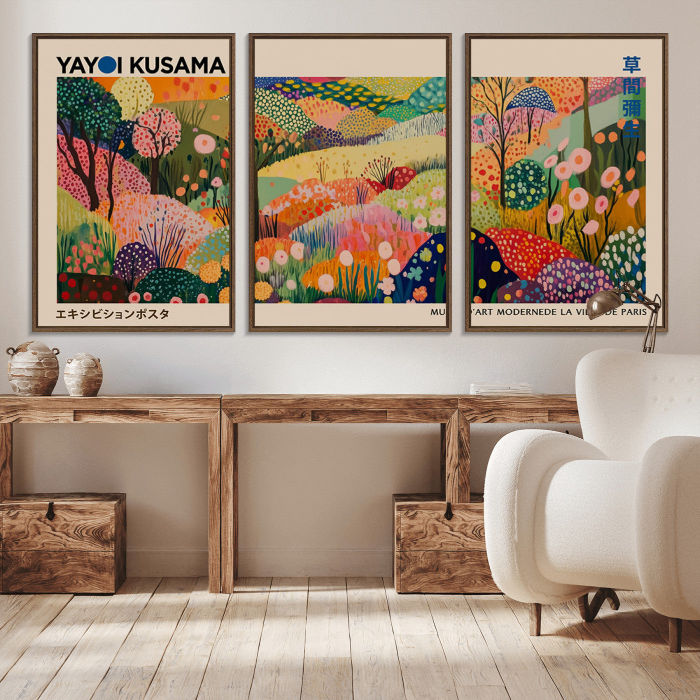 MGV-FC-60X30-3P - Yayoi Kusama Japanese Art Canvas Print, Abstract Art, Large Yayoi Kusama Framed Print, Japanese Wabi