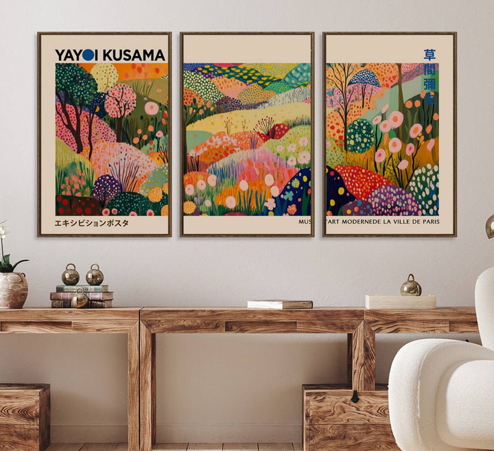 A Yayoi Kusama Wall Art Canvas Print featuring vibrant abstract floral patterns is displayed in a tranquil forest setting.