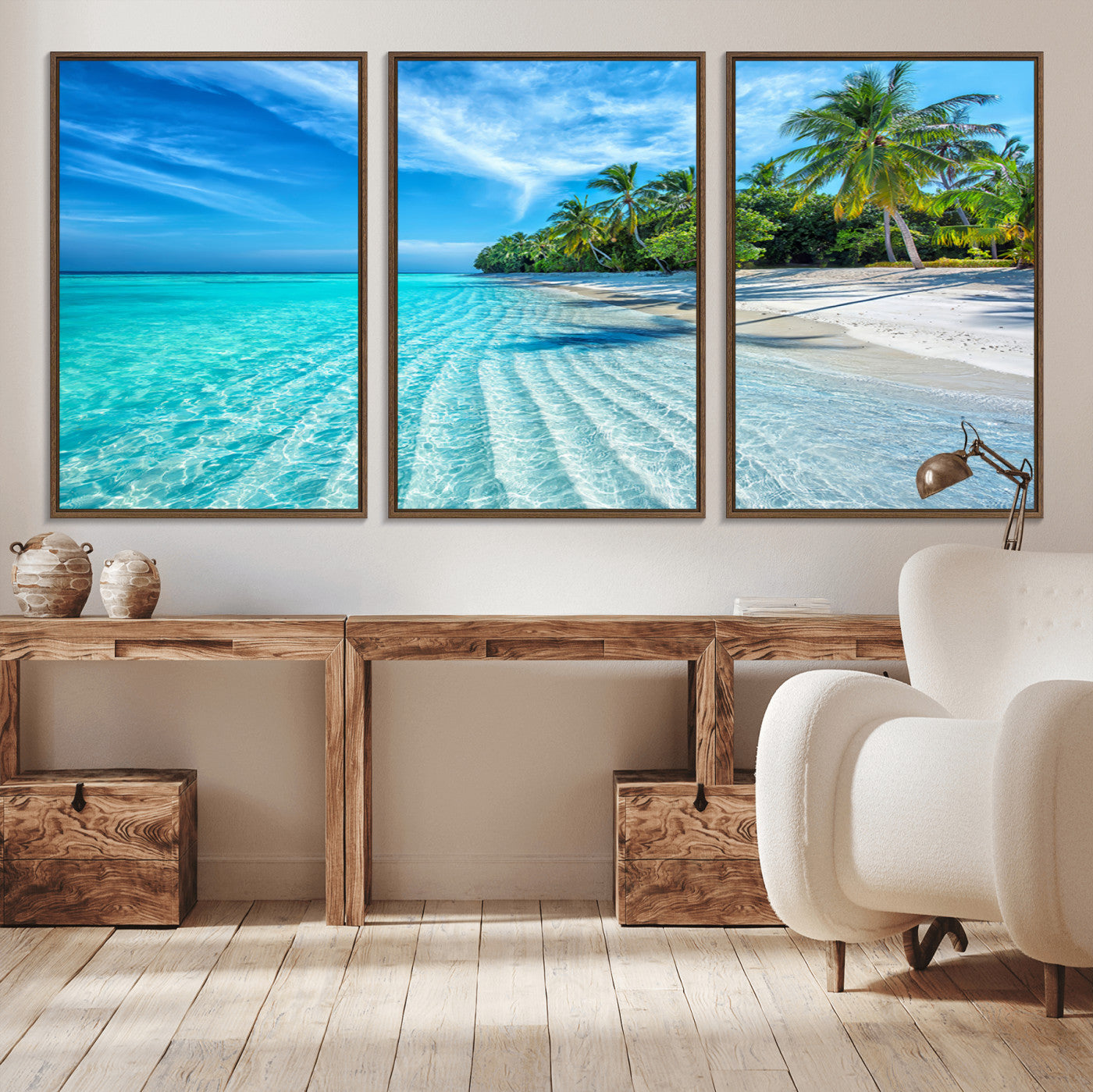MGV-FC-60X30-3P - Tropical Beach Wall Art Canvas Print - Serene Ocean Landscape with Crystal Clear Turquoise Water and