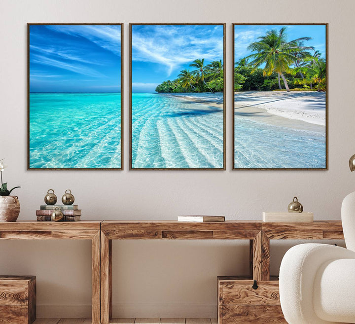 The Tropical Beach Wall Art Canvas Print features turquoise water and palm trees.