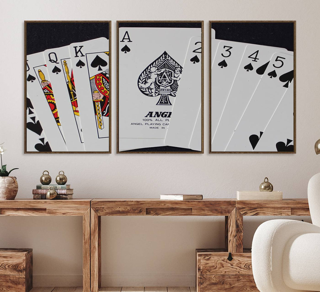 The oversized Poker Wall Art features the Ace of Spades and is displayed on a porch.