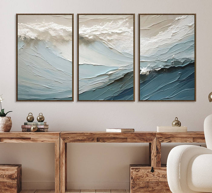 Waves Abstract Wall Art Print displayed on a porch with white siding.