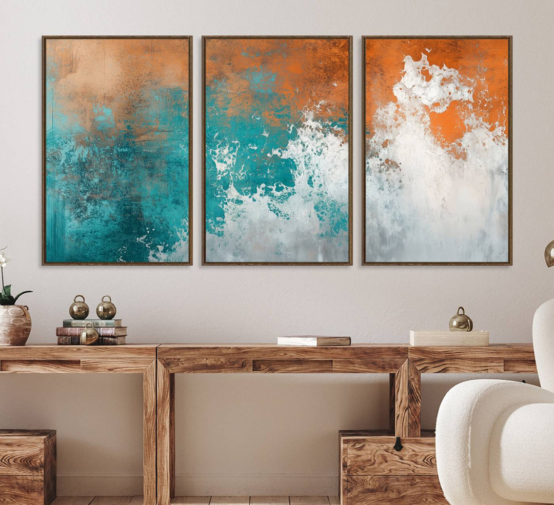 The Vintage Abstract Print - Bold Teal and Orange Canvas Wall Art is displayed on a porch.