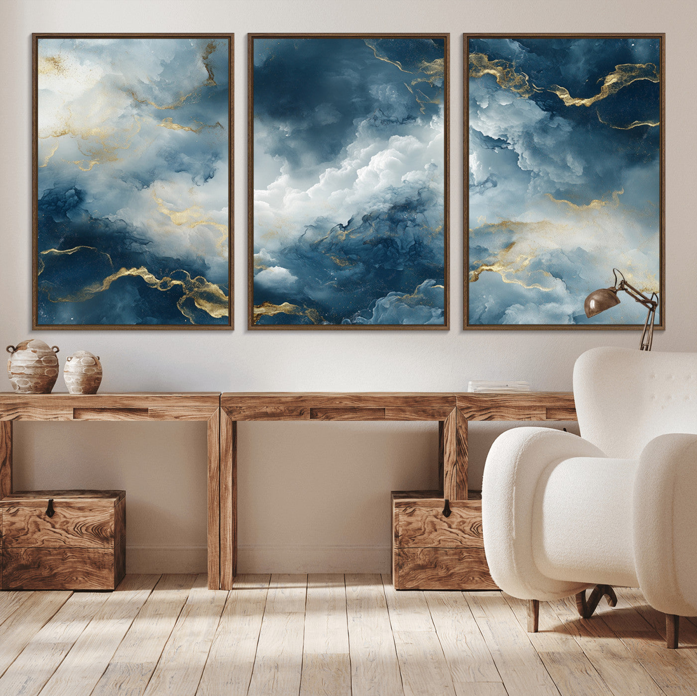 MGV-FC-60X30-3P - Large Abstract Print - Luxe Blue and Gold Abstract Canvas Wall Art - Bold Cloudscape Canvas for