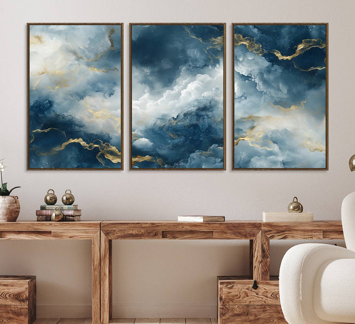 Luxe Blue and Gold Canvas Wall Art - a large abstract print.