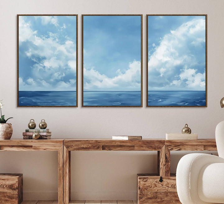 Abstract Ocean Print - Serene Blue Canvas displayed on a porch featuring minimalist decor.