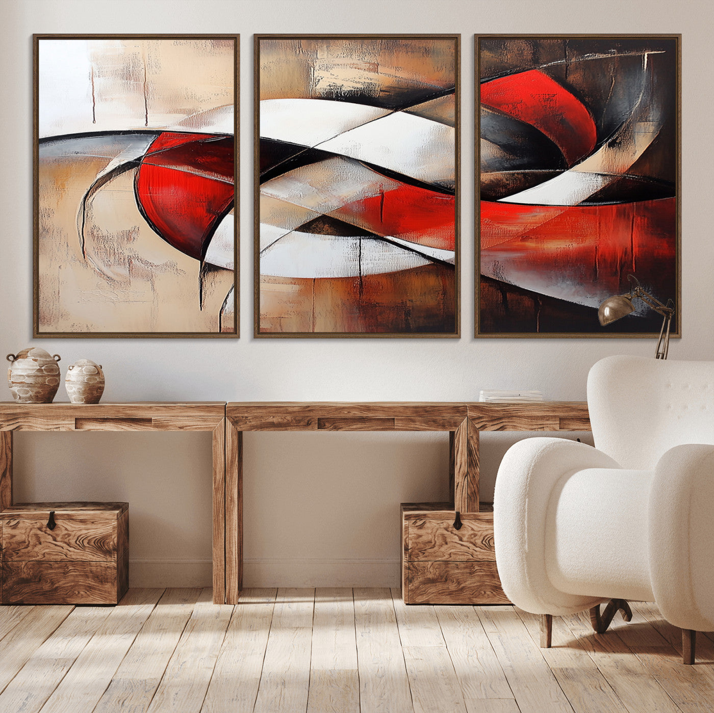 MGV-FC-60X30-3P - Abstract Wall Art - Modern Red and White Canvas Wall Art Print - Bold Geometric Abstract Canvas for