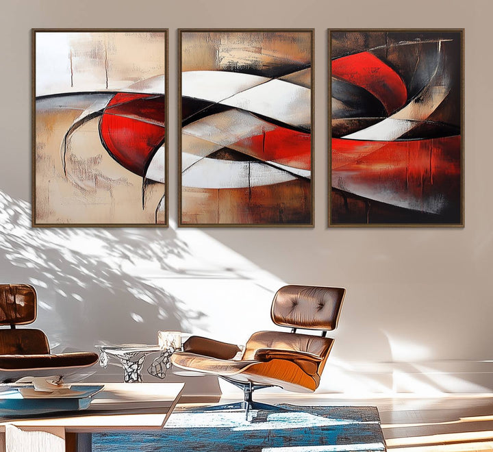 In a contemporary living room, the sunlight casts artistic shadows and highlights an abstract triptych wall art featuring bold red and white geometric shapes.