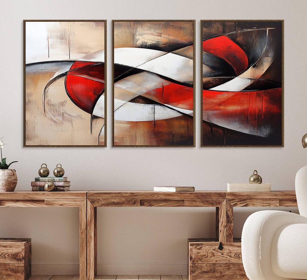 The Abstract Wall Art - Modern Red and White Canvas is displayed prominently in front of an entrance.