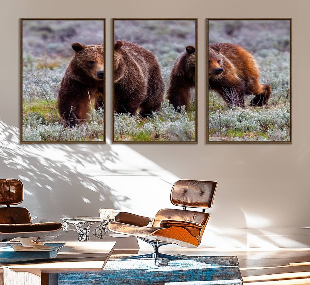 The "Grizzly 399 in Wild Flowers" wall art canvas print, showcasing grizzly bears amidst vibrant wildflowers, elegantly captures the enchanting essence of nature. This handmade piece from the USA brings striking beauty to any space.