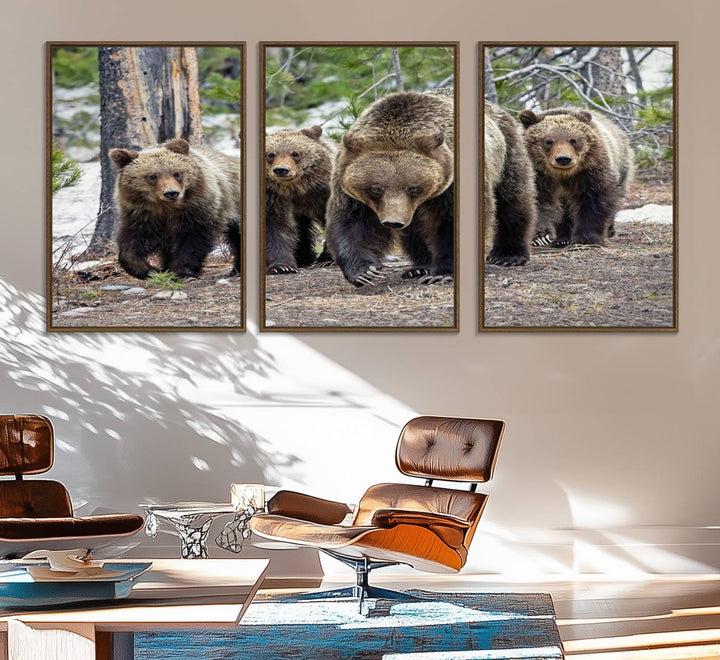 The wall art, a breathtaking canvas print titled "Queen of the Tetons," features 399 Grizzly Bear Cubs majestically captured in a forest setting. It is printed on premium canvas and handmade in the USA.