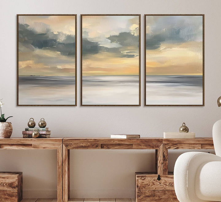 The Modern Coastal Wall Art Canvas Print features vibrant abstract ocean waves and clouds.