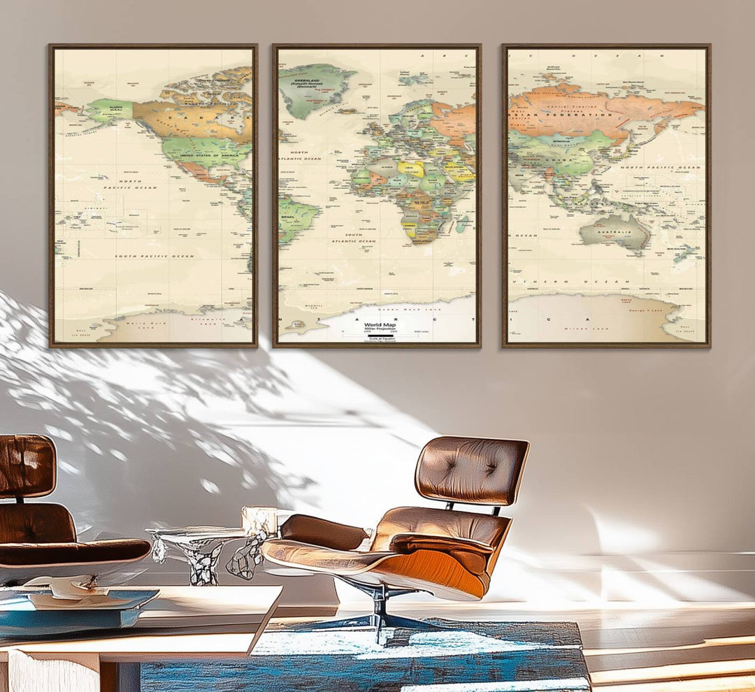 The Large Push Pin World Map Wall Art Canvas Print, with a gallery-quality finish, is carefully crafted on premium canvas and handmade in the USA. This piece adds a touch of elegance to any space.