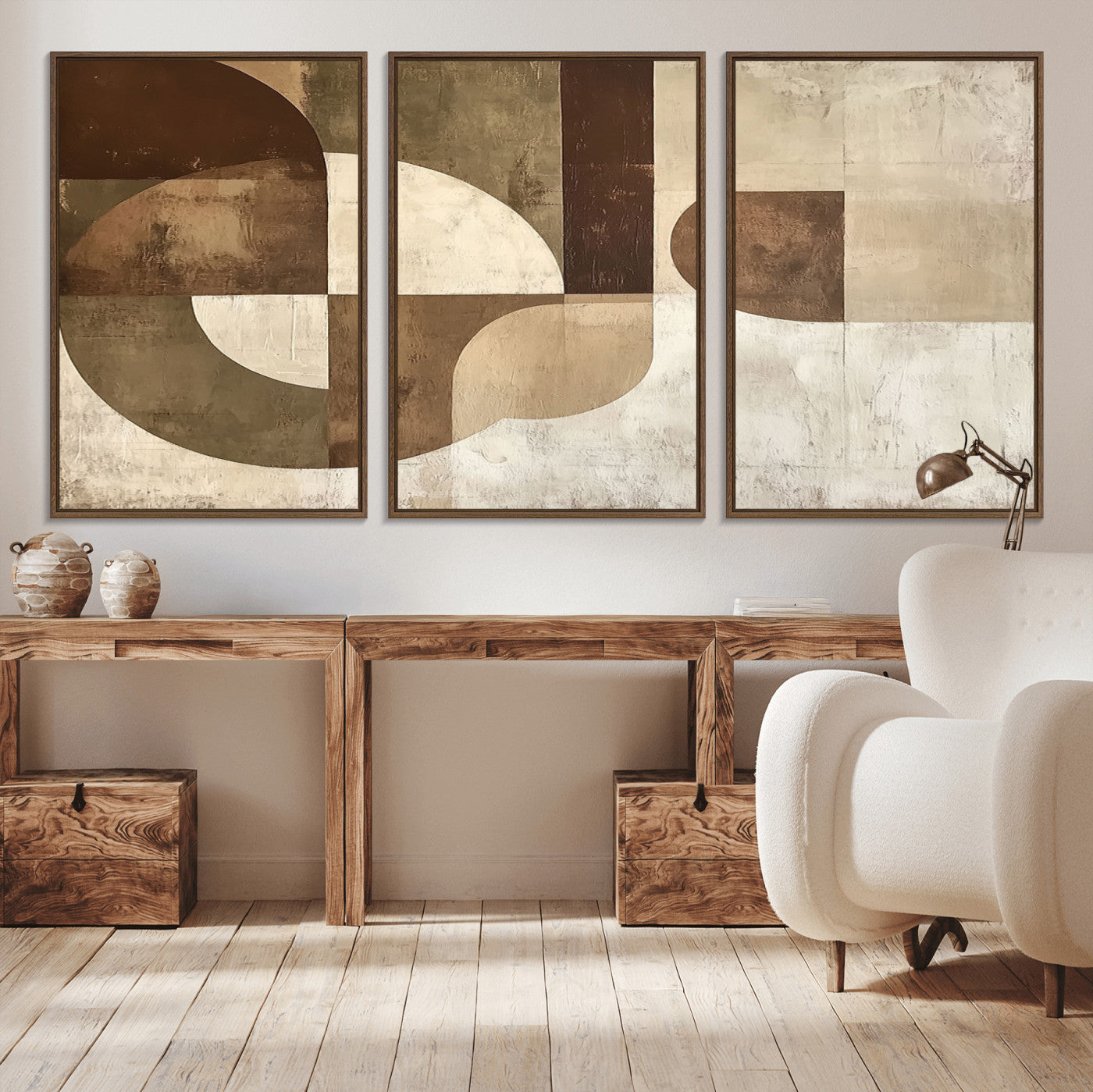MGV-FC-60X30-3P - Wabi Sabi Geometric Wall Art | Abstract Modern Minimalist Canvas Print with Neutral Mid Century Art