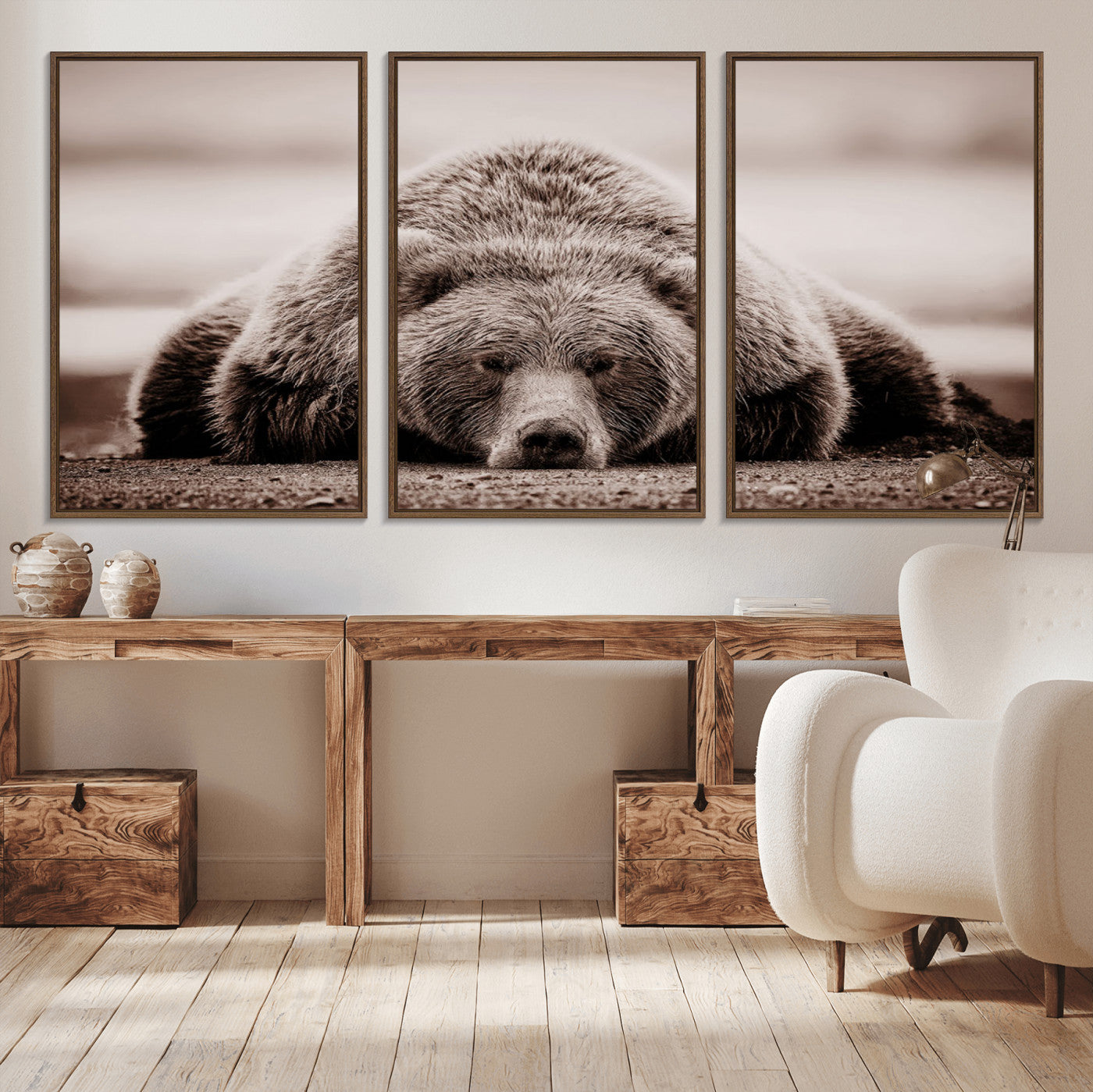 MGV-FC-60X30-3P - Grizzly Bear Wall Art Print - Bear Canvas Wall Art - Rustic Bear Portrait Canvas Print for Cabin
