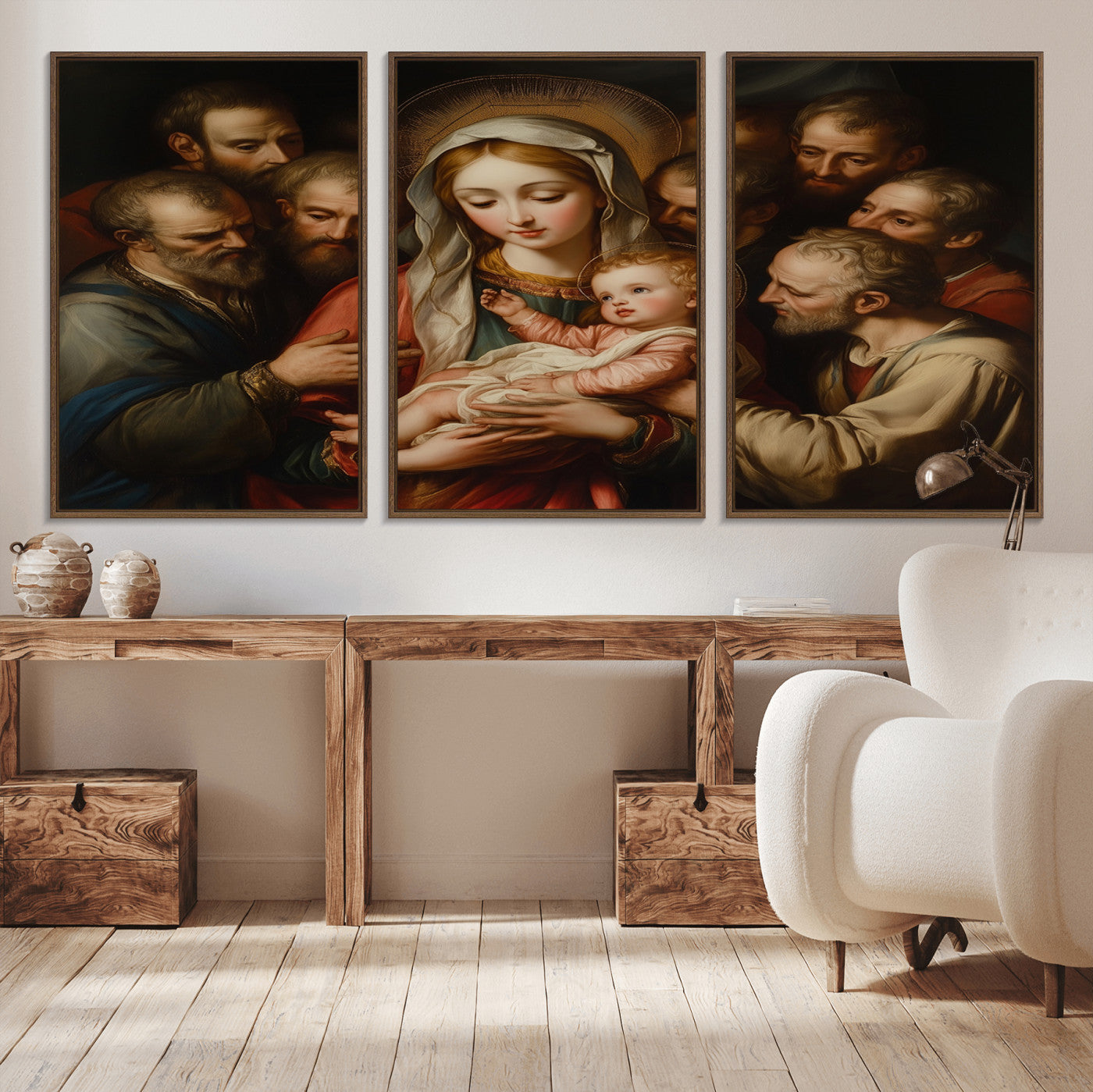 MGV-FC-60X30-3P - Religious Canvas Wall Art Print - Madonna and Child with Apostles Art Print - Classic Christian