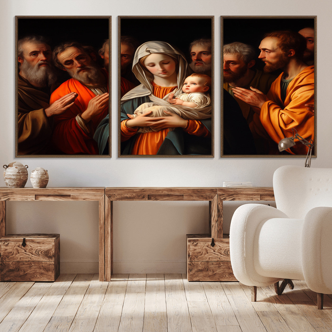 MGV-FC-60X30-3P - Religious Canvas Wall Art Print - Madonna and Child with Apostles Art Print - Classic Christian