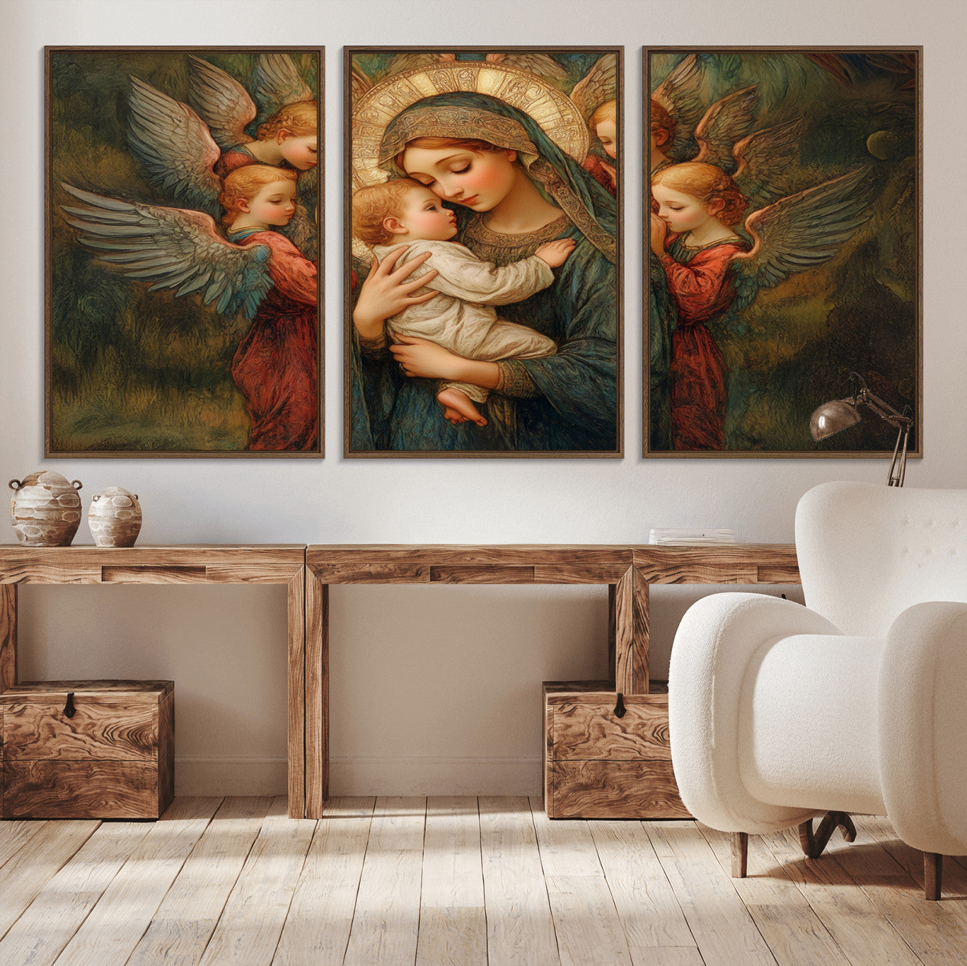 MGV-FC-60X30-3P - Mary Jesus Canvas Wall Art Print - Madonna and Child with Angels Art Print - Classic Christian