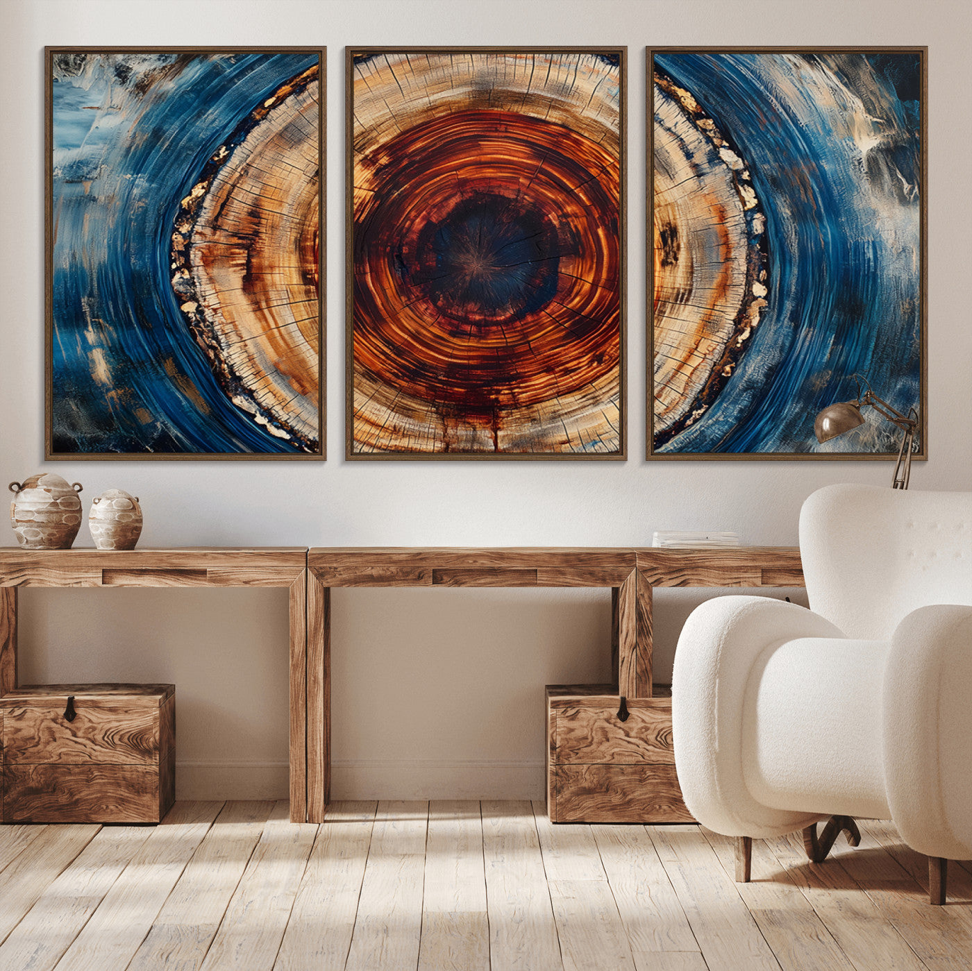 MGV-FC-60X30-3P - Abstract Framed Tree Rings Wall Decor, Wood Grain Rings Artwork Print, Nature Woodland Modern Wall