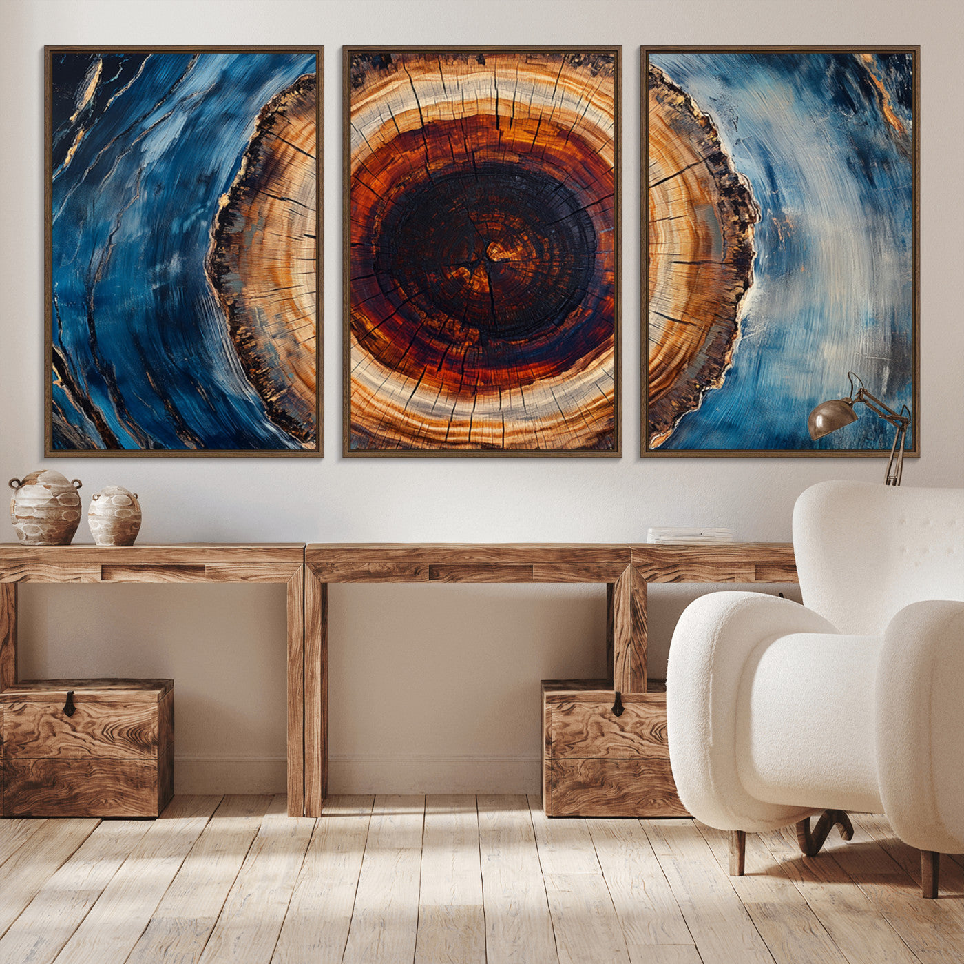 MGV-FC-60X30-3P - Framed Abstract Tree Ring Wall Art Print, Natural Rustic Wood Texture Canvas Print, Wood Tree Stump