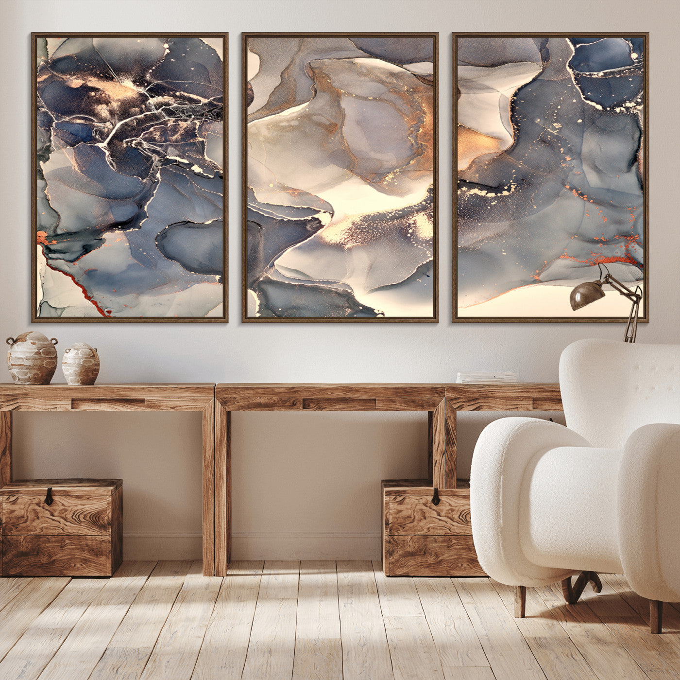 MGV-FC-60X30-3P - Abstract Blue and Gold Wall Art - Fluid Ink Artwork - Modern Luxury Wall Decor for Contemporary