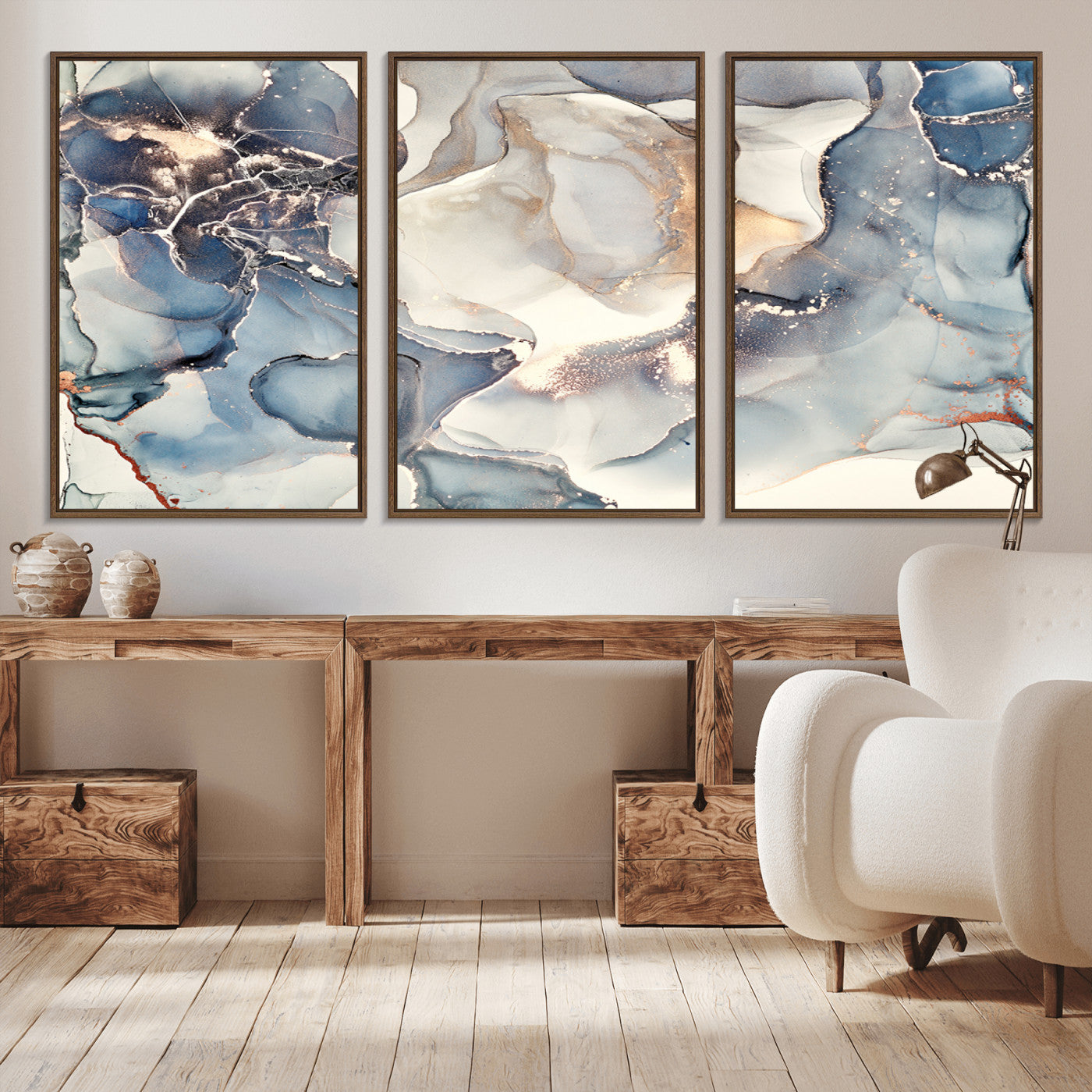 MGV-FC-60X30-3P - Abstract Blue and Gold Canvas Wall Art - Fluid Modern Ink Artwork - Modern Luxury Wall Decor for