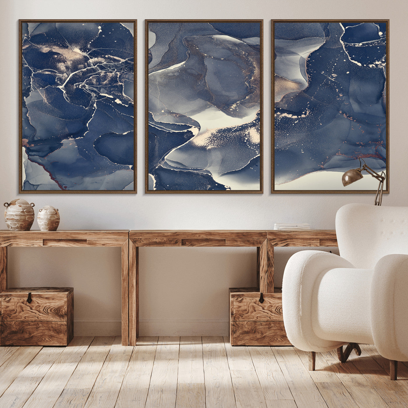 MGV-FC-60X30-3P - Large Abstract Blue and Gold Canvas Wall Art | Fluid Ink Artwork Print | Luxury Wall Decor for