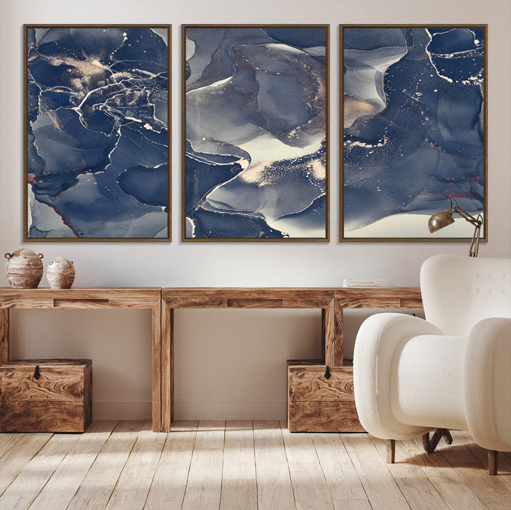 Large Abstract Blue and Gold Canvas Wall Art | Fluid Ink Artwork Print | Luxury Wall Decor for Contemporary Interiors | Framed Ready to Hang