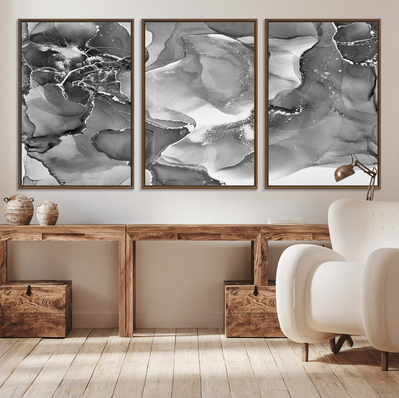 MGV-FC-60X30-3P - Black White Abstract Canvas Wall Art - Fluid Ink Artwork - Modern Luxury Wall Decor for Contemporary