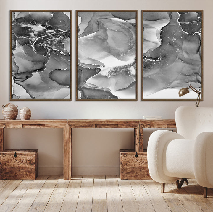 Black White Abstract Canvas Wall Art - Fluid Ink Artwork - Modern Luxury Wall Decor for Contemporary Interiors